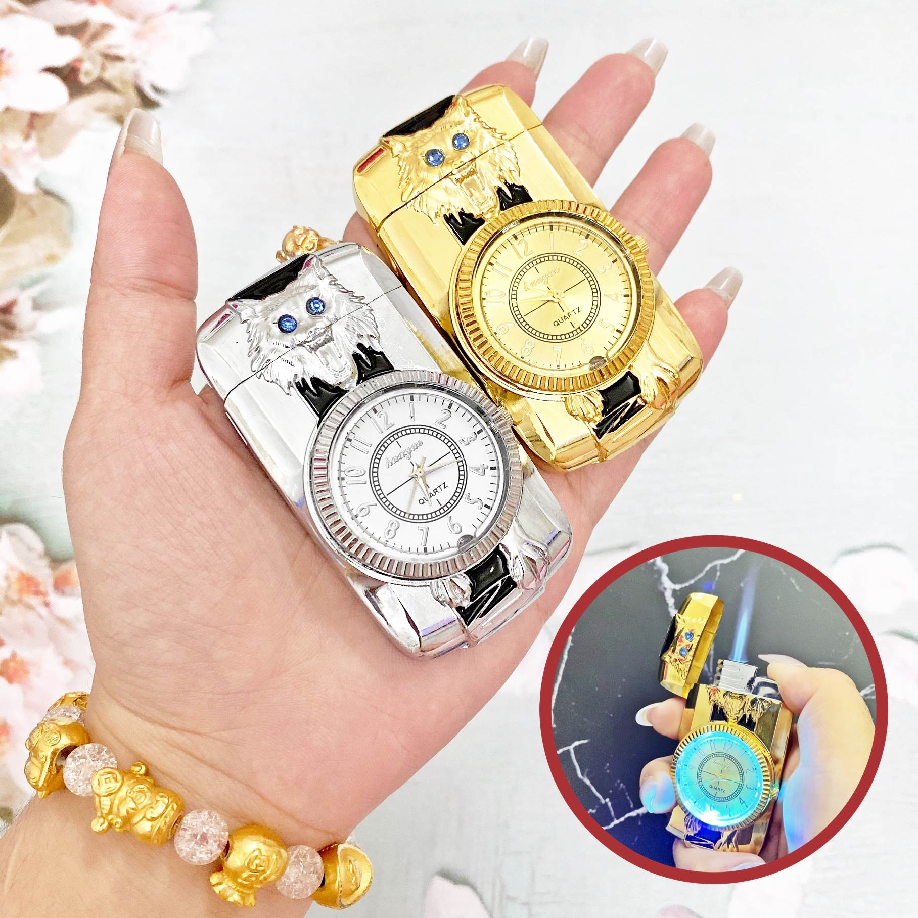 Bật lửa hột quẹt khè đồng hồ 2IN1 hình chó sói có đèn Led nhấp nháy - xài ga