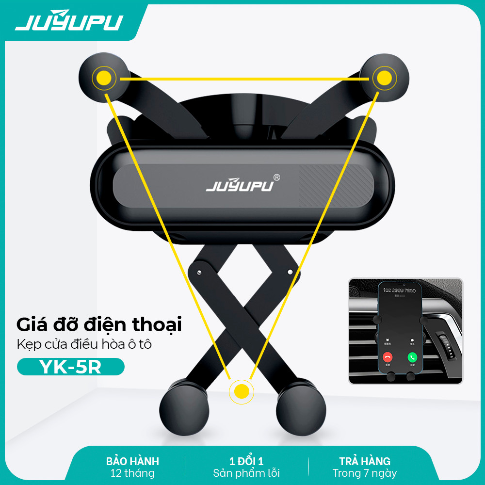 Giá đỡ điện thoại trên ô tô JUYUPU YK5R kẹp cửa điều hoà núm xoay 360 độ  có mút chống trượt chịu lực tam giác chắc chắn hạn chế rung lắc cho xe tải xe hơi - HÀNG CHÍNH HÃNG