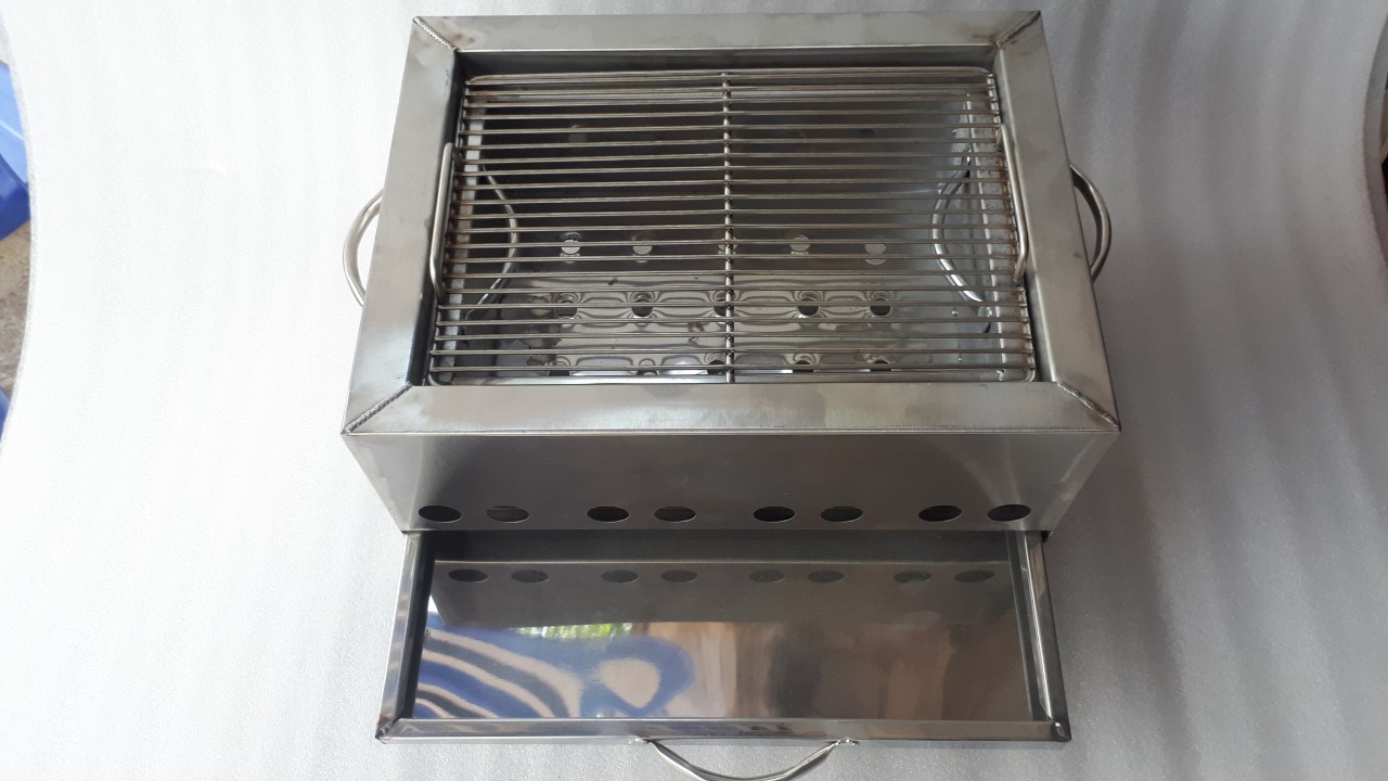 Lò nướng than hoa inox vuông 30 x40cm loại dầy có vĩ nướng bán bún thịt nướng, bánh mì, nem nướng