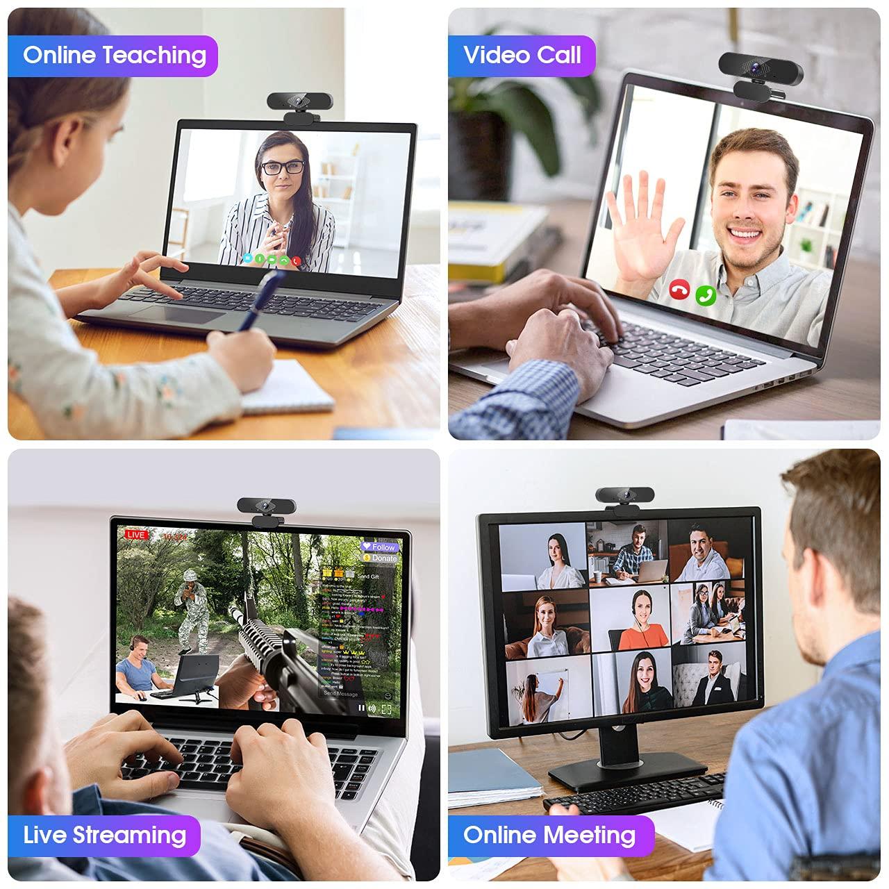 Webcam PC có Mic, Camera web Full HD 1080P với Micrô khử tiếng ồn, Camera PC USB xoay 360° để trò chuyện và ghi video, Tương thích với Windows, Mac và Android