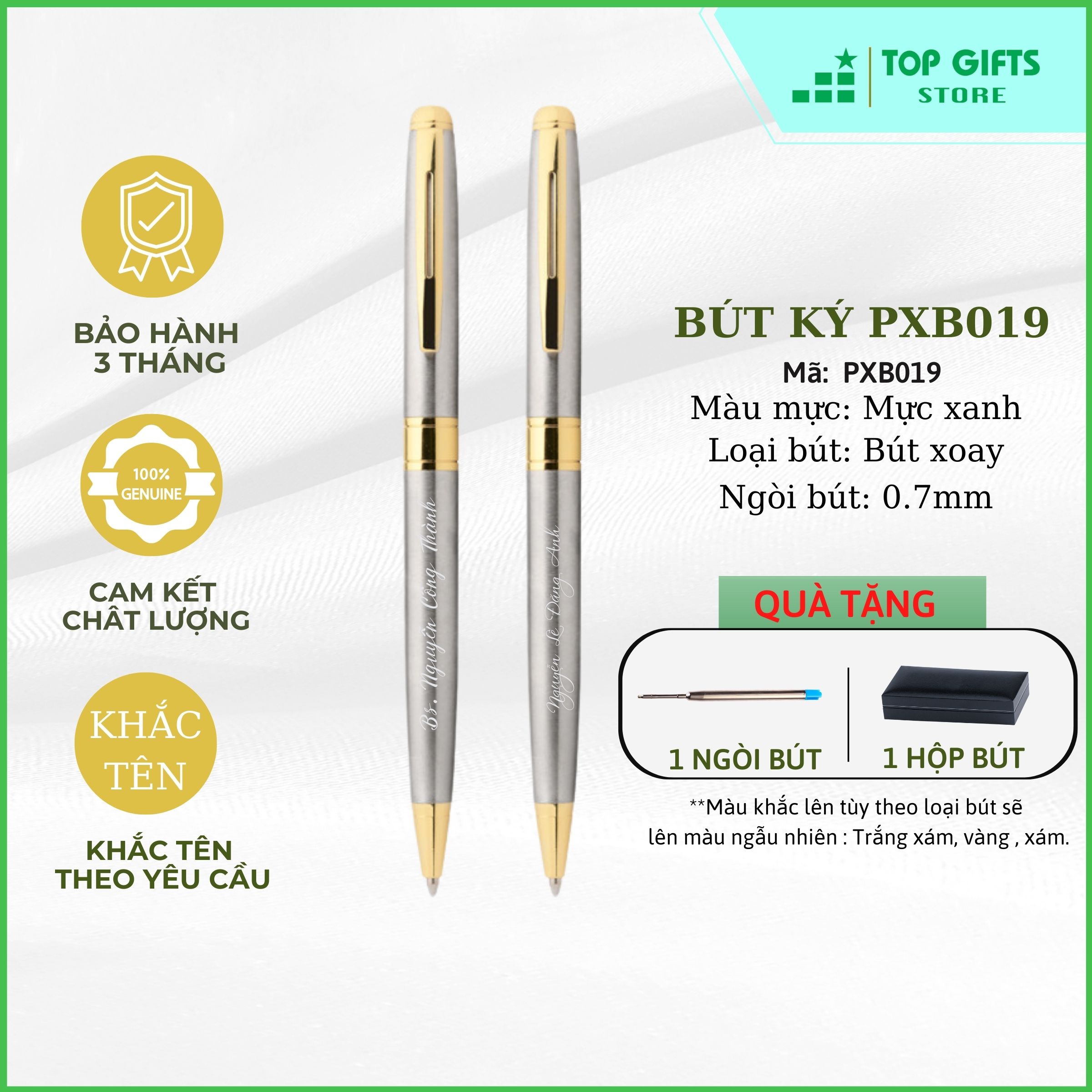 Bút ký khắc tên cao cấp kim loại xoay Bạc Viền Vàng PBV116 ngòi 0.7mm - Quà tặng sinh nhật bạn bè người thân| Khắc tên miễn phí + Ruột bút + Hộp đựng bút