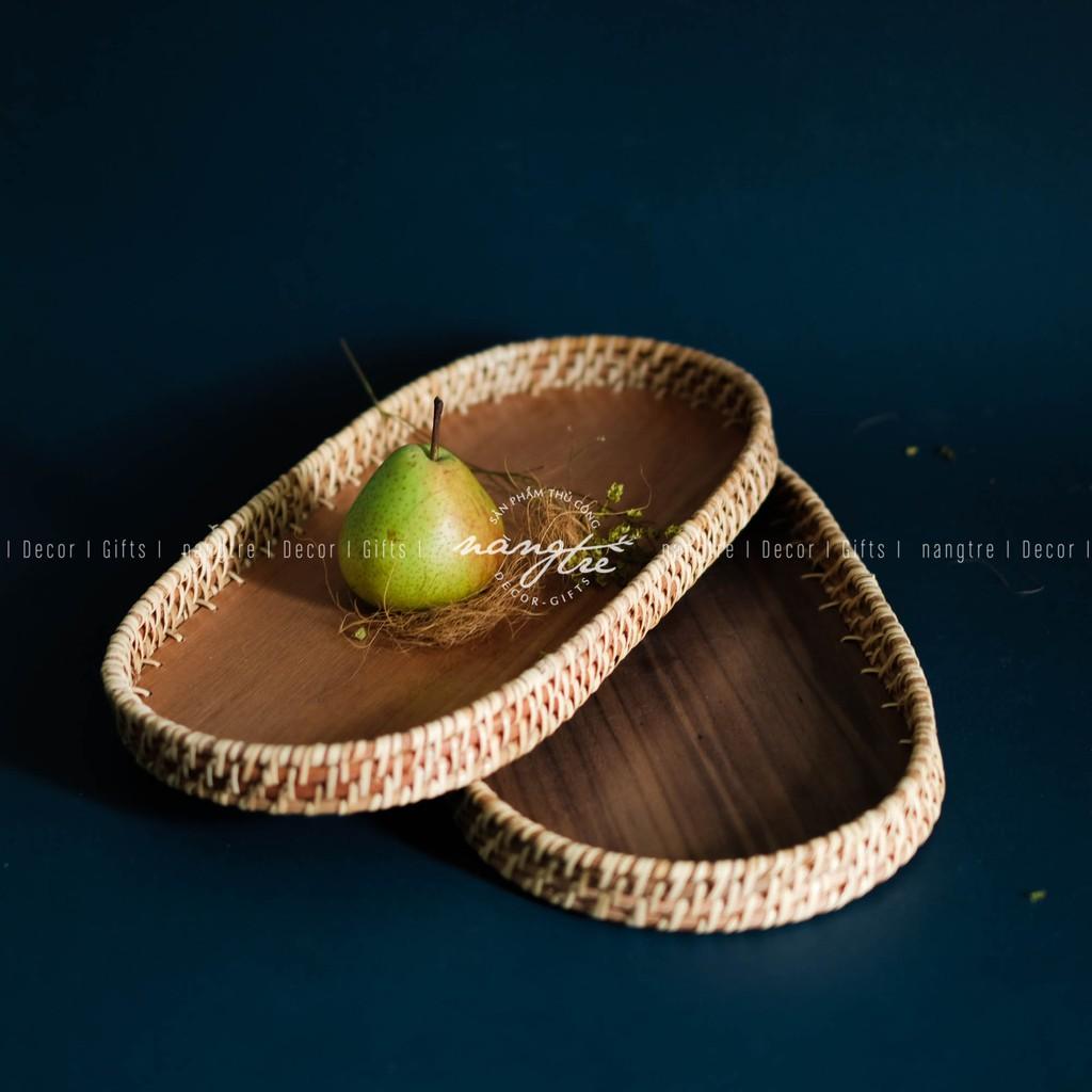 Khay mây oval - Khay oval đế gỗ óc chó - Oval rattan tray