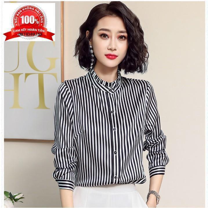 Áo sọc tay dài cổ nhún