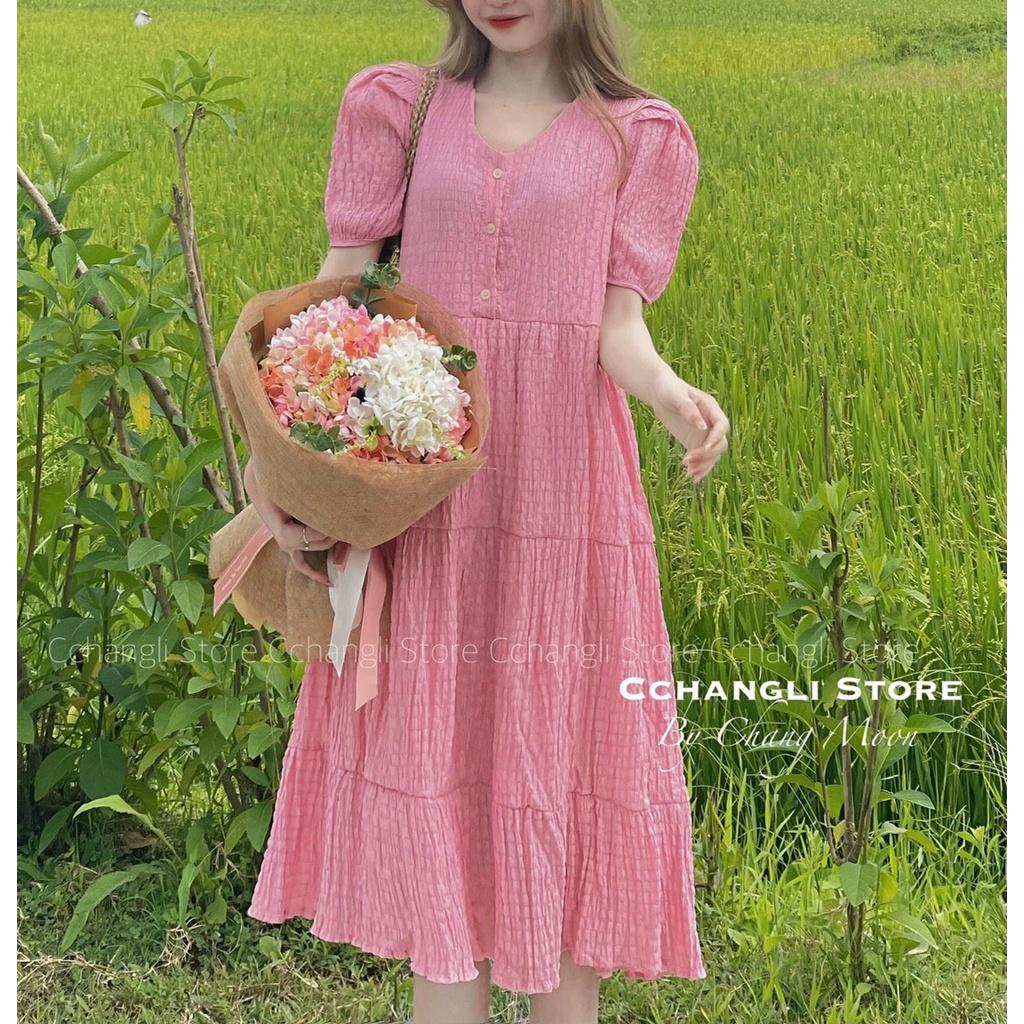 Váy babydoll maxi đi biển dáng dài, Đầm suông chất xốp gấm cổ tròn nhún tầng cực xinh mặc đi làm đi chơi