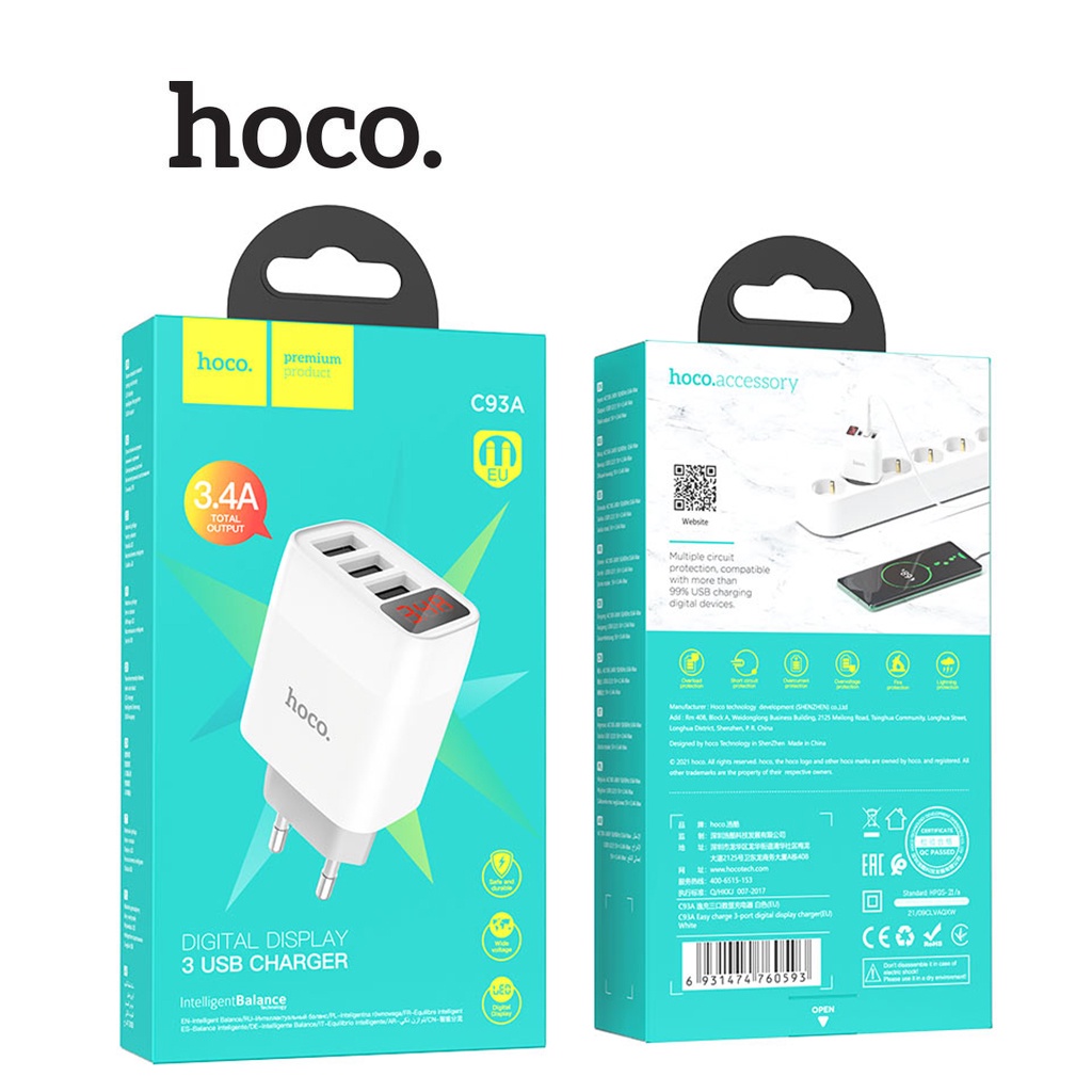 Củ Sạc 3.4A Dành Cho Hoco C93A Chân Tròn 3 Cổng USB, Màn Hình Led Hiển Thị Nguồn Điện, Chất Liệu PC, Chân Cắm US, Hà Hàng Chính Hãng