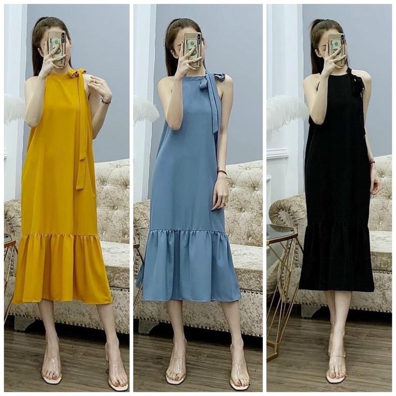 Đầm váy yếm nơ vai 3 màu