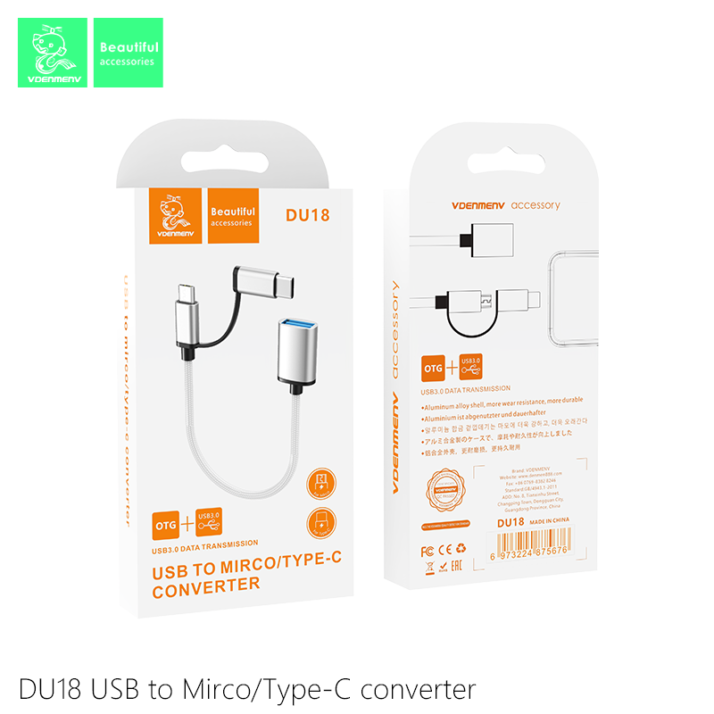 Bổ Chuyển Đổi 2IN1 VDENMENV DU18 Giúp Chuyển Dữ Liệu Từ Type-C/Micro Sang USB-Hàng Chính Hãng