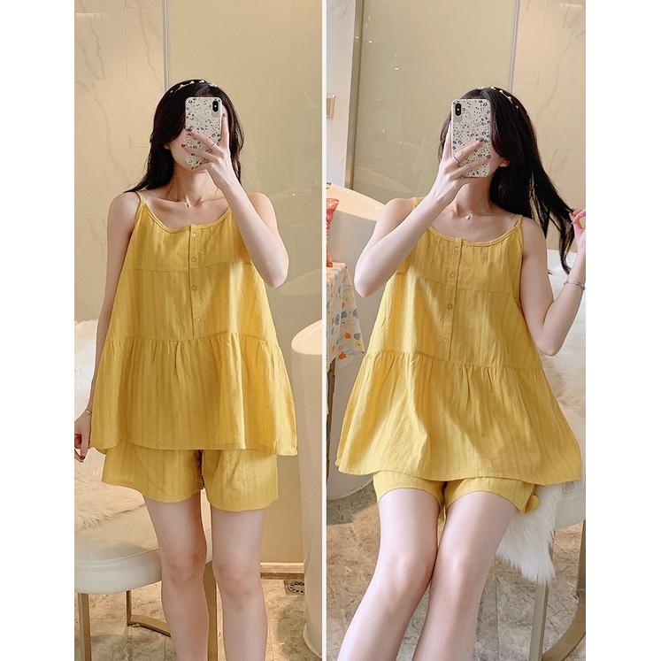 Bộ đồ ngủ mặc nhà cho nữ áo 2 dây quần đùi vải đũi mềm nhẹ, thoáng mát, nhiều màu size từ 40 - 75 kg phong cách năng động dễ thương