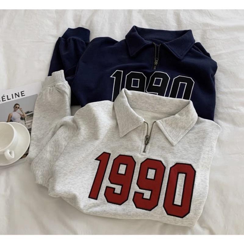 Áo Sweater 1990 Phối Zip Vải Nỉ Bông Form Rộng Ulzzang Unisex Nam nữ unisex Áo Sweater có cổ Jaystoree