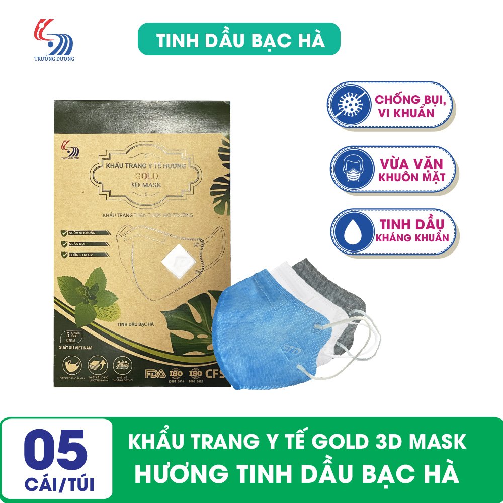 Khẩu trang y tế hương tinh dầu Bạc hà Gold 3D Mask - Túi 5 cái