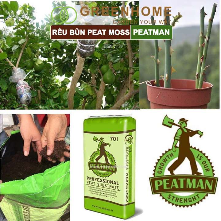 Rêu Than Bùn Peatmoss Greenhome, Bao 1kg, Giá Thể, Cân Bằng Ẩm, Trộn Đất Trồng Sen Đá, Kiểng Lá, Hoa Hồng, Ươm Hạt Giống