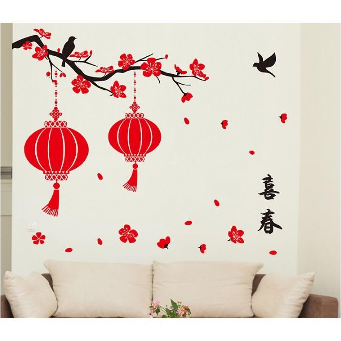 Decal trang trí tết - Cành Mai 2 lồng đèn đỏ size lớn