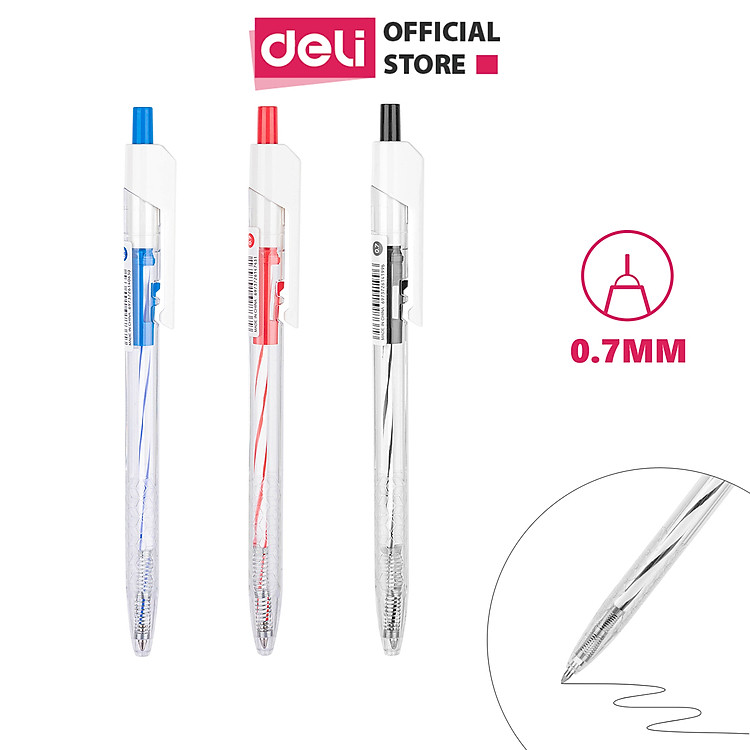 Combo 12 chiếc bút bi dầu dầu đầu ngòi 0.7mm bấm Deli - Mực xanh/đen/đỏ - EQ24