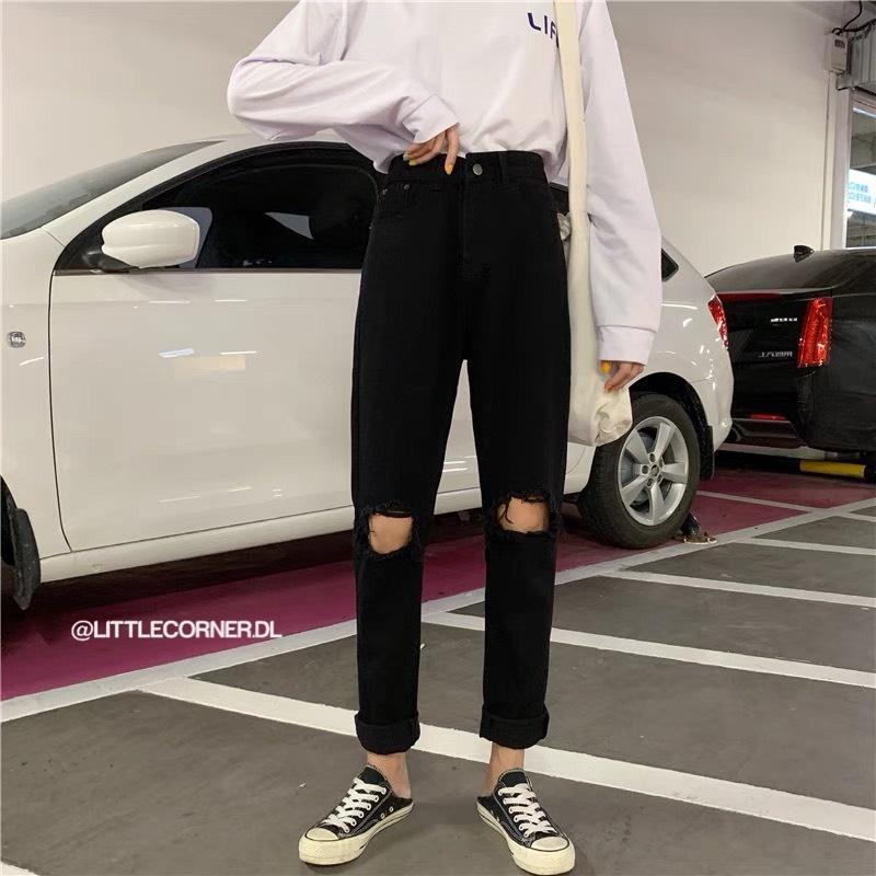 Quần slim baggy jean đen rách gối ô vuông - Quần boyfriend ống suông lưng cao quảng châu hàng sẵn