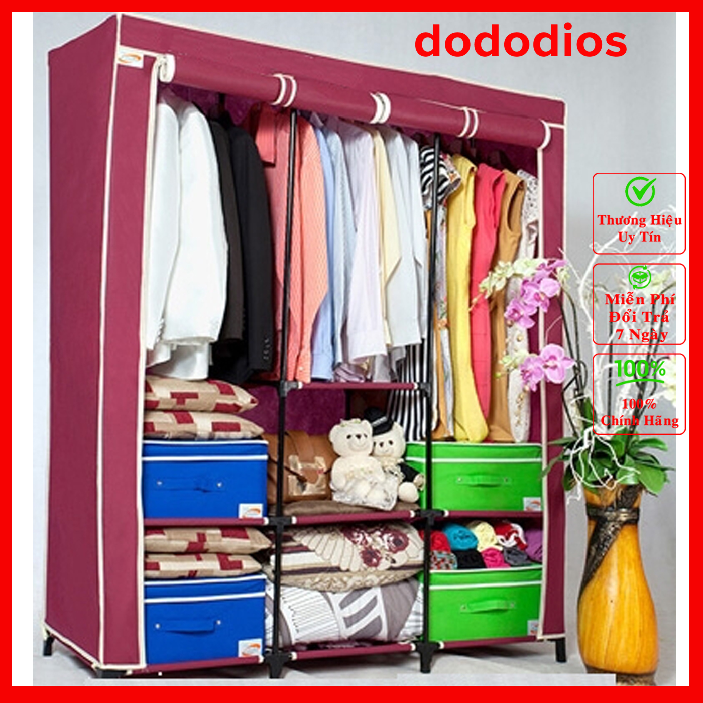Tủ vải đựng quần áo 3 buồng 8 ngăn khung nhôm dễ lắp ráp tiện lợi - Chính hãng dododios