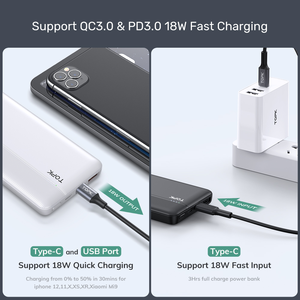 Pin dự phòng sạc nhanh 18W QC3.0 PD TOPK 10000mah i1015P Có IC Chống Quá Dòng Quá Áp - Hàng Chính Hãng