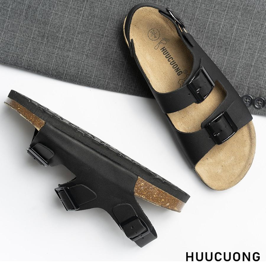 Sandal Unisex HuuCuong 2 khóa da bò đen đế trấu