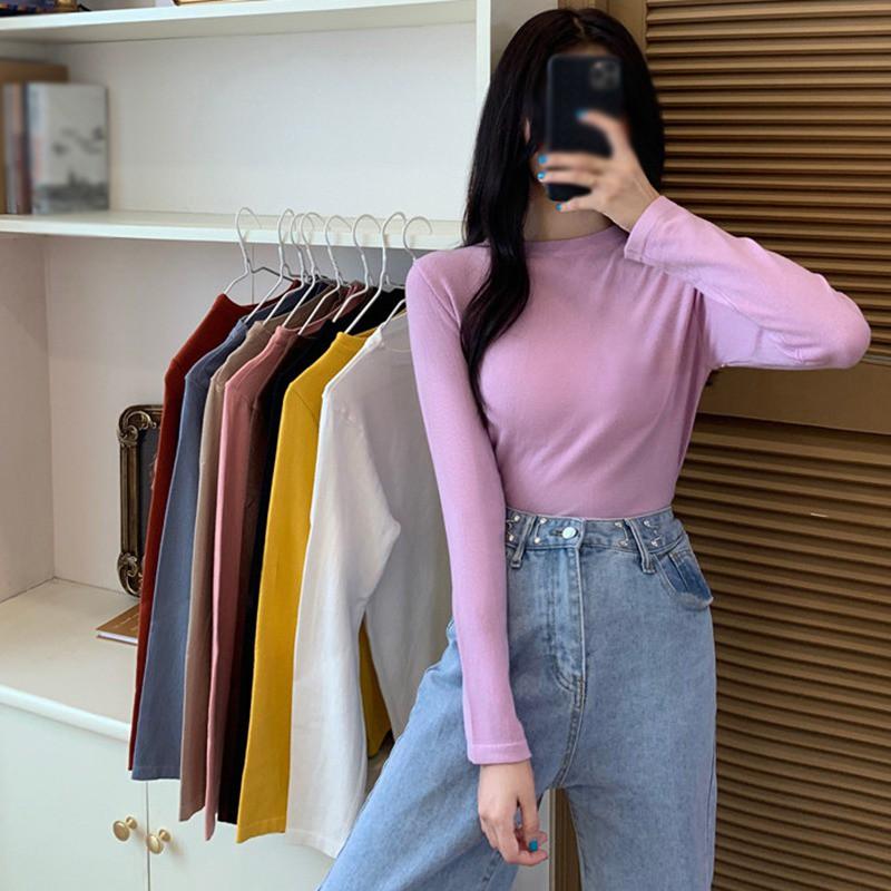 Áo Thun Tay Dài Cổ Tròn Màu Trơn Thiết Kế Đơn Giản Dành Cho Nữ