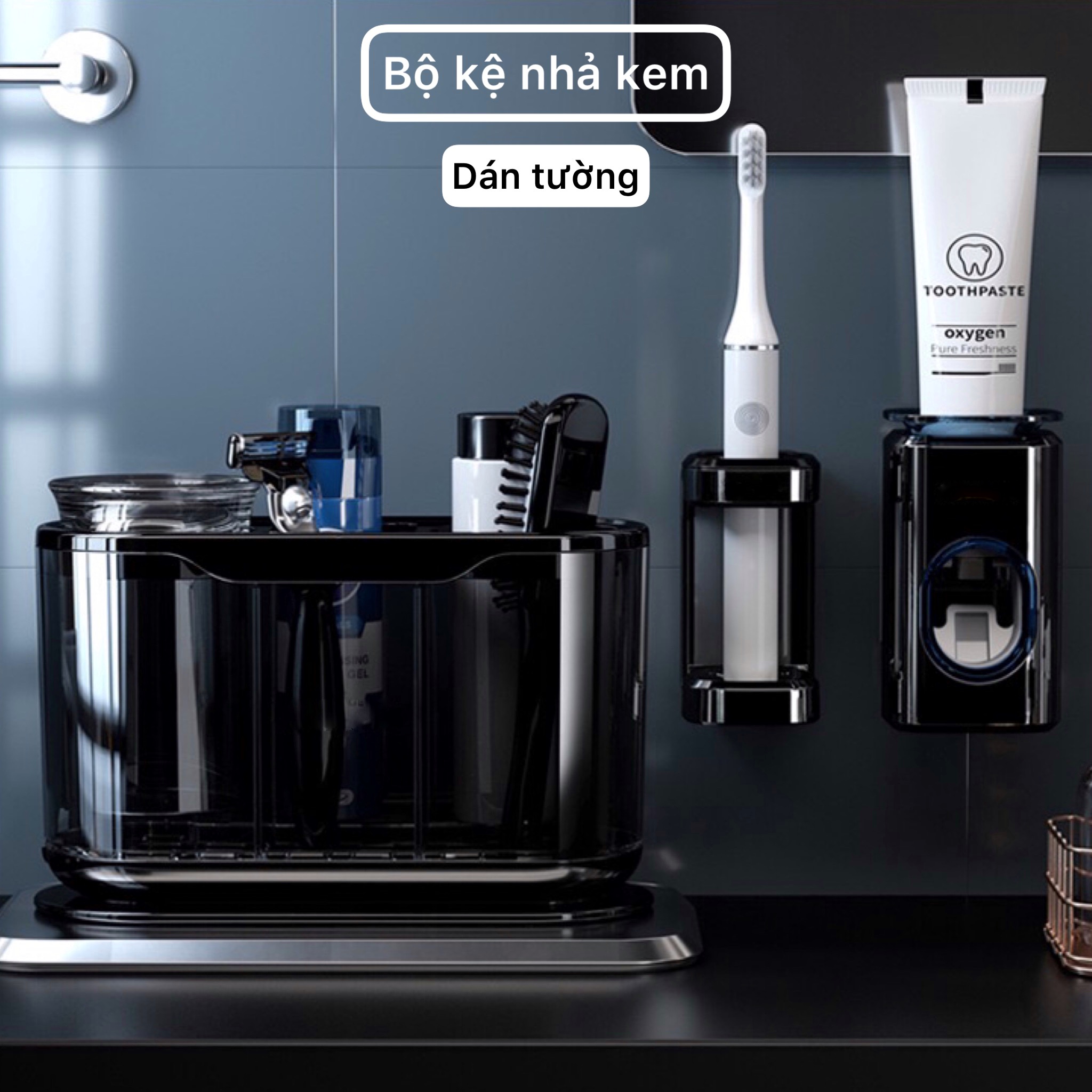 Bộ kệ nhả kem dán tường nhà tắm kèm cốc súc miệng, để treo đựng bàn chải răng điện phong cách Bắc Âu hiện đại