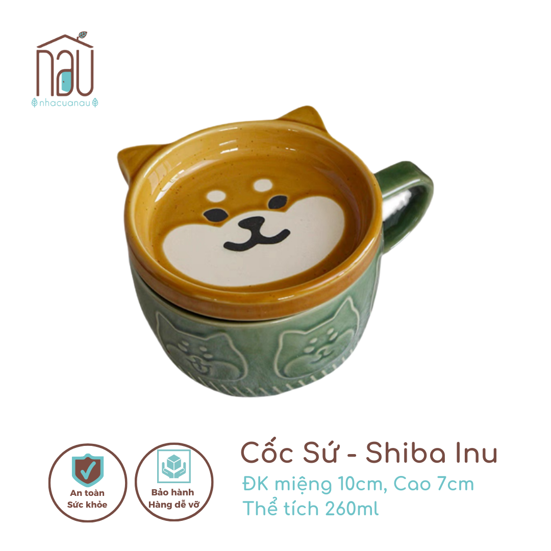 Cốc sứ tạo hình Shiba Inu và Gấu Panda thể tích 260ml siêu yêu làm cốc uống nước văn phòng quà tặng, có nắp dùng ăn dặm, ngũ cốc