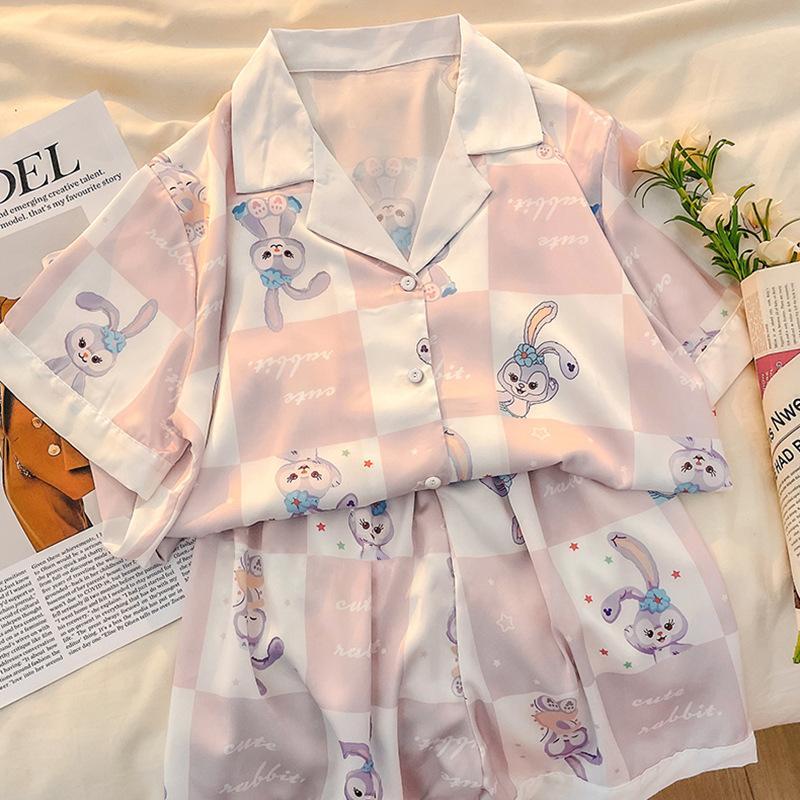 MS1049 Bộ Pyjama Nữ Lụa Satin, Bộ Quần Đùi Áo Cộc Mặc Nhà Thỏ Hồng Caro 3922#