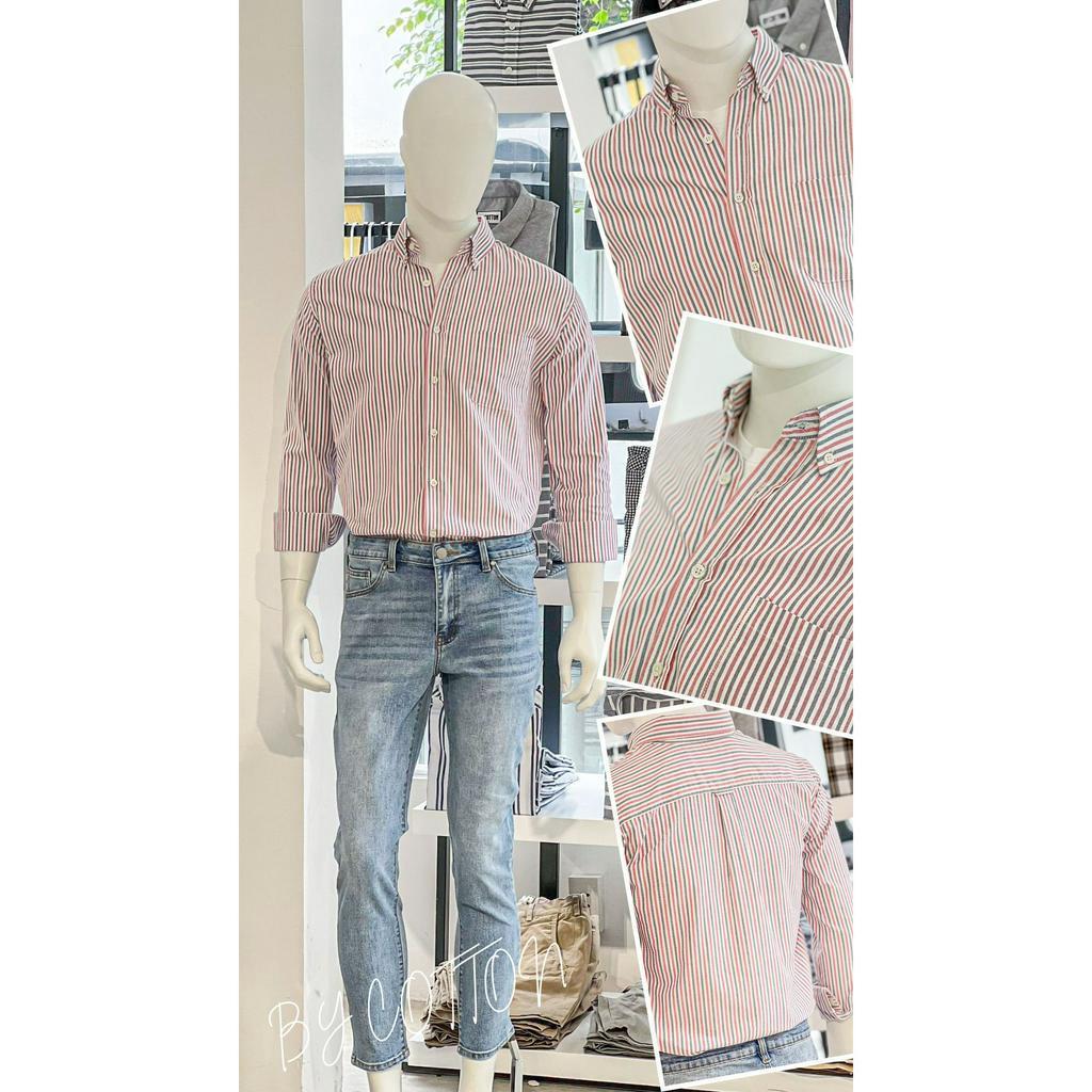 Áo Sơ Mi Nam Dài Tay Sọc Đỏ Phối Xám BY COTTON Red Grey Stripes Oxford Shirt