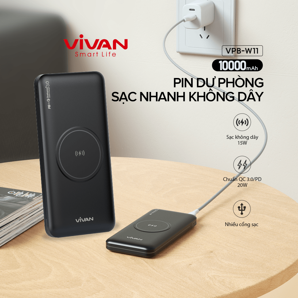 Pin Dự Phòng Không Dây VIVAN VPB-W11 Sạc Nhanh 15W 10000mAh Output Chuẩn QC/PD - Hàng Chính Hãng