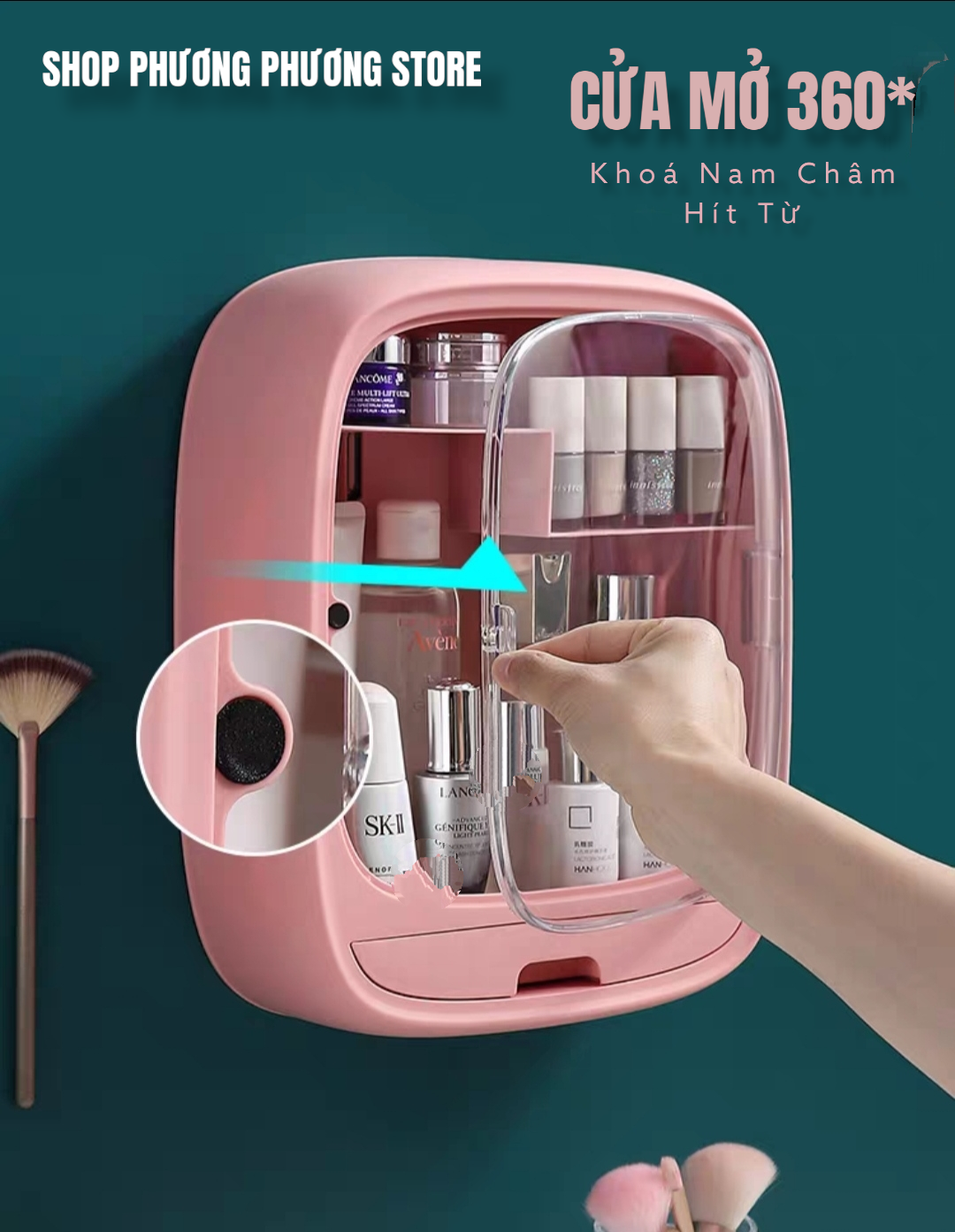 TỦ KỆ ĐỰNG MỸ PHẨM CAO CẤP CỬA MỞ NAM CHÂM KÍNH MIKA TRONG SUỐT treo tường không đục lỗ ốc vít - TẶNG bấm móng tay đa năng