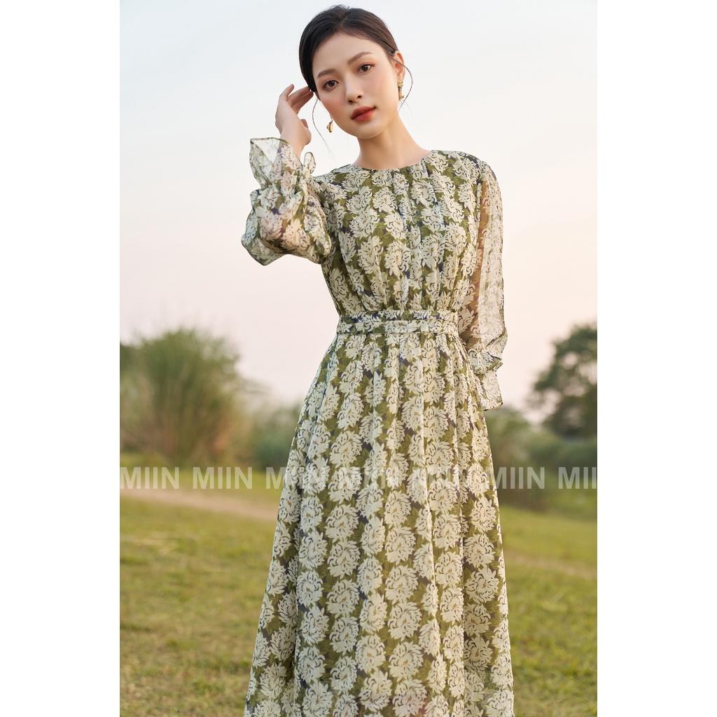 D00582 - Đầm thiết kế cao cấp voan tơ green chiffon cổ tròn