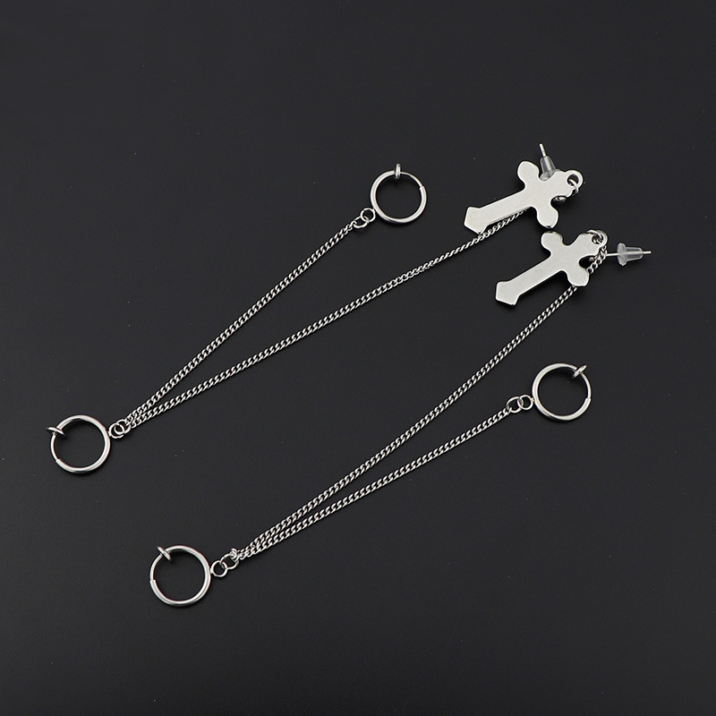 Bông tai unisex chữ thập 3 chỗ đeo chỉ cần xỏ 1 lỗ
