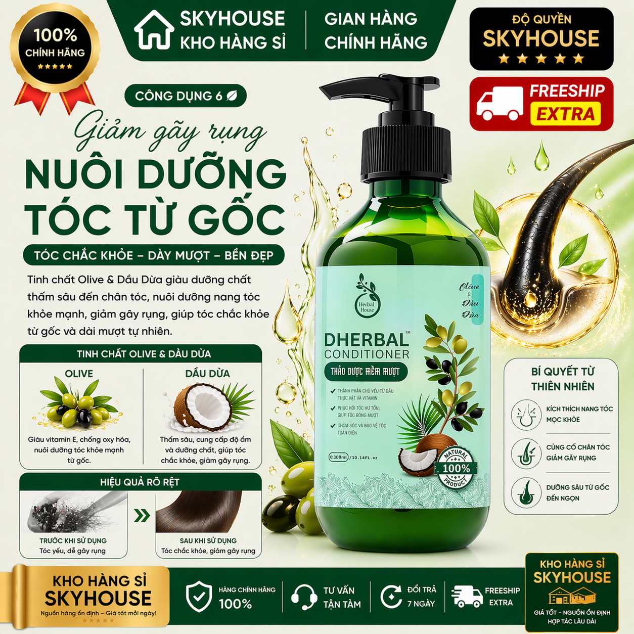 Dầu xả thảo dược thiên nhiên tinh chất olive dầu dừa độc quyền DHERBAL chai 300ml  dầu xả tóc chắc khỏe suôn mượt chính hãng