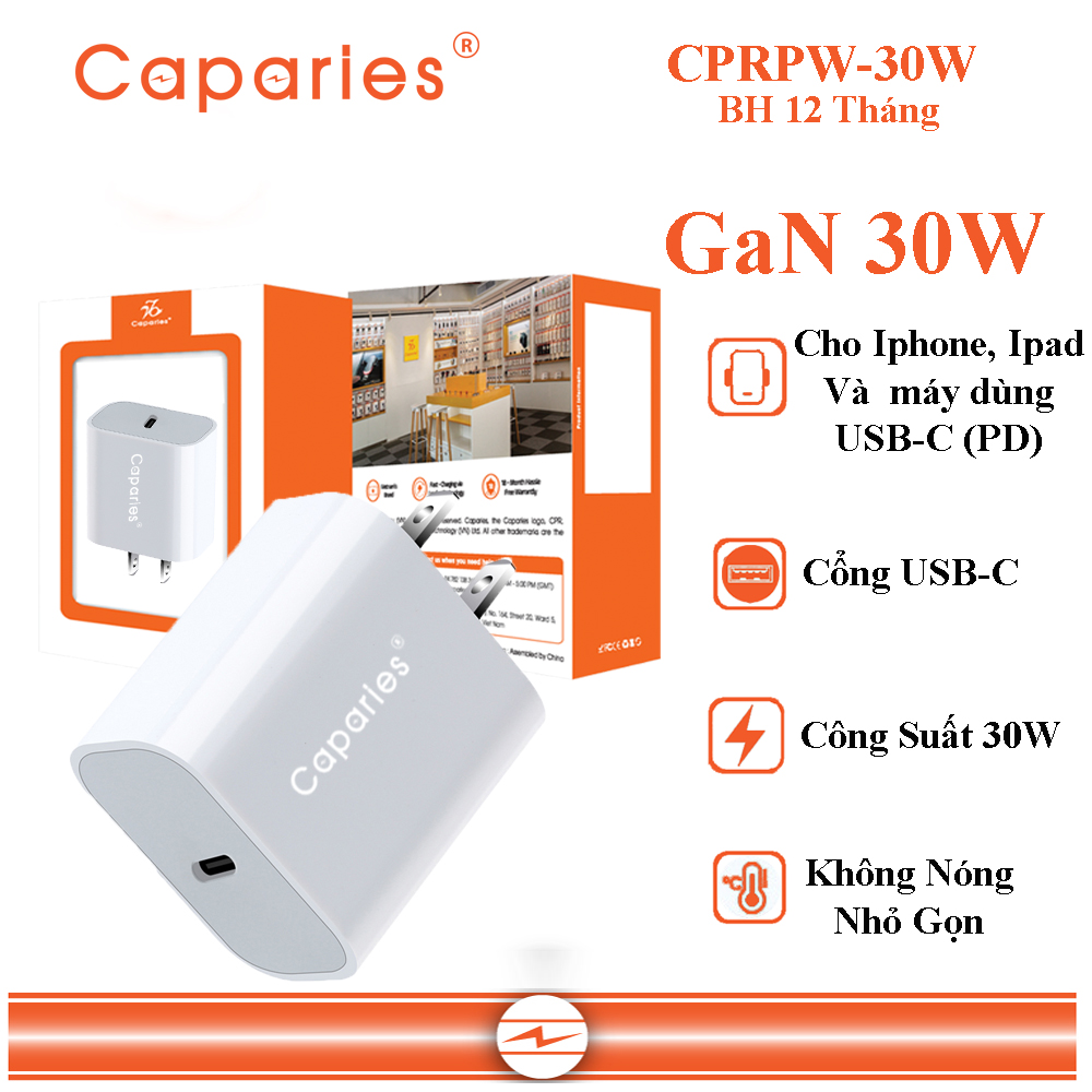 Củ Sạc CAPARIES PD GaN 30W 1 cổng USB-C tương thích PD - CPRPW30W - Hỗ trợ sạc nhanh 30W cho iPhone 13 trở lên và các dòng điện thoại dùng USB-C - Hàng Chính Hãng