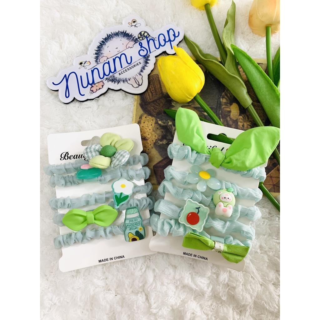 Set 5 - cột tóc crunchies vải màu xanh lá nhiều hoạt tiết dễ thương Nunam shop đồ cột tóc đẹp, cute, cao cấp
