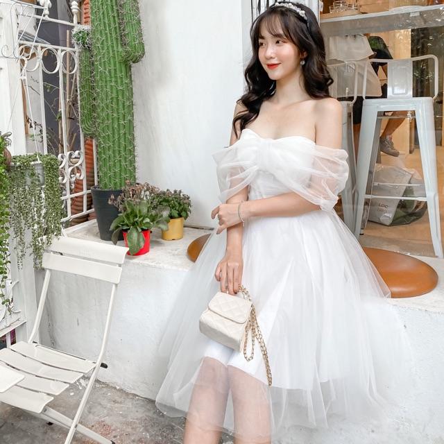 Đầm voan trễ vai nơ ngưc TH