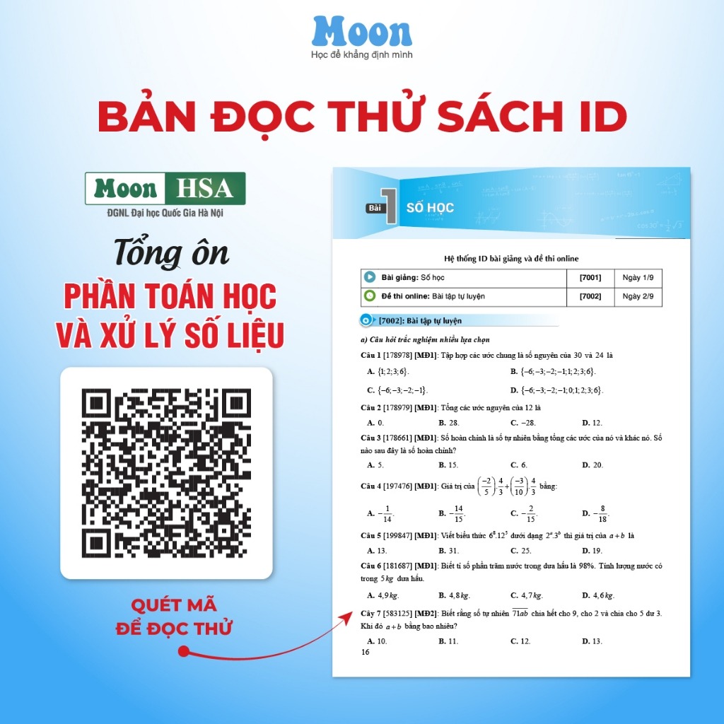 Sách ôn thi đánh giá năng lực Hà Nội HSA 2025 - Tổng ôn phần toán học và xử lý số liệu Moonbook