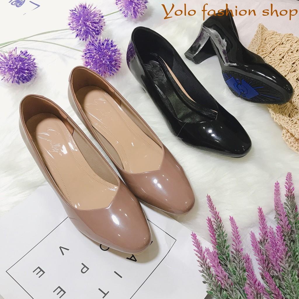 Giày cao gót nữ da bóng đế trụ mũi vuông 5cm da mềm êm chân -HC07