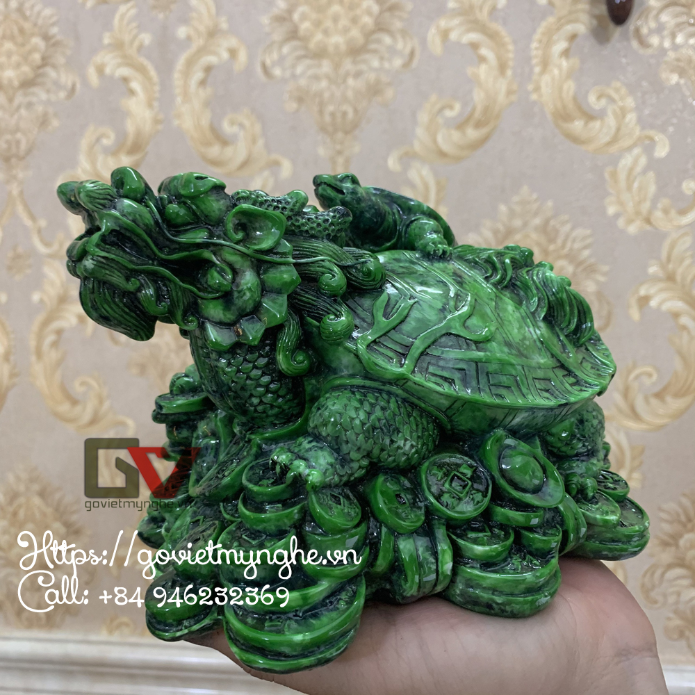 Tượng đá long quy _ Rùa đầu rồng trang trí phong thủy - Long quy cõng rùa con - Dài 20cm - Xanh Lục Bích