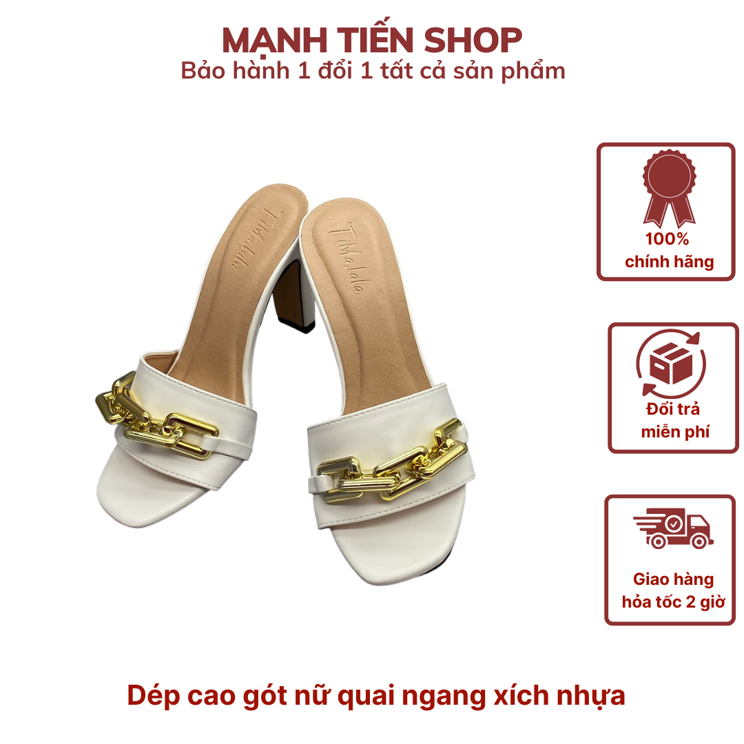 Dép cao gót nữ quai ngang xích nhựa xi vàng, gót dẹt, mũi vuông sang chảnh cao 10cm trắng chân dễ phối đồ