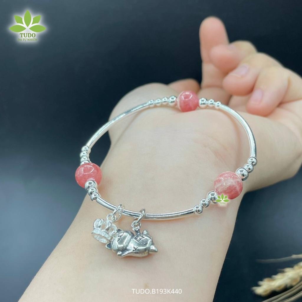Vòng Tay Nữ Đẹp - Vòng Phong Thủy Đa Mệnh TUDO B193K440 VCBDAOH 3 hạt hồng, Charm Bạc Mèo, Vương Miện