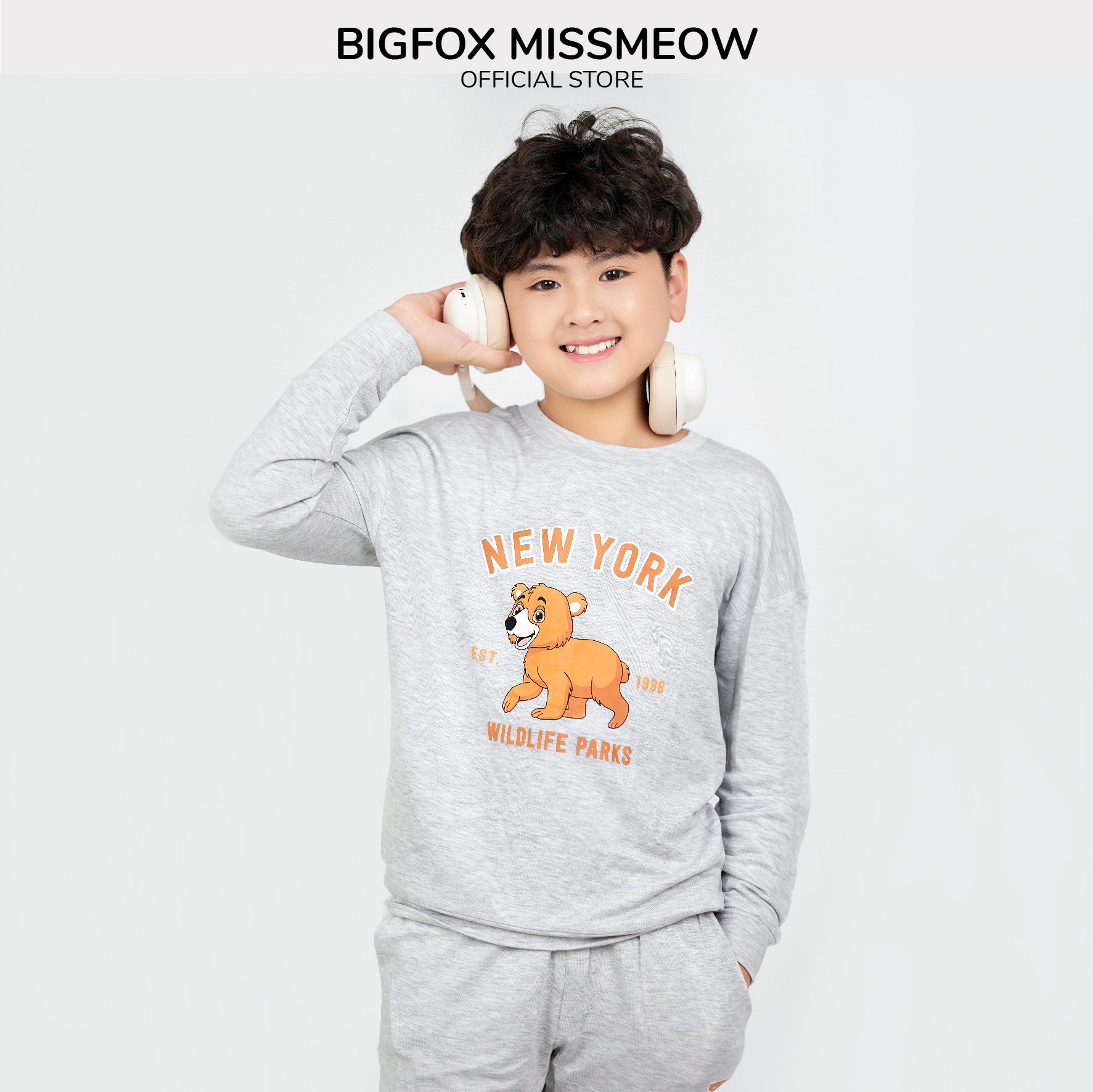 Bộ nỉ dài tay bé trai Bigfox Miss Meow mùa thu đông phong cách Hàn Quốc, size đại trẻ em 3,5,9,11 tuổi 40kg