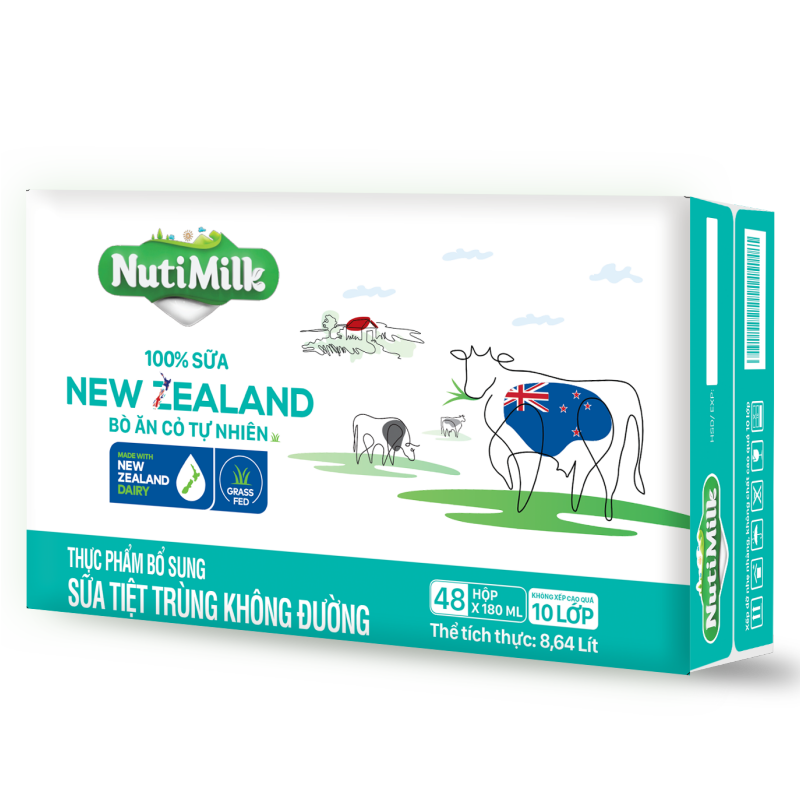 Thùng 48 Hộp NutiMilk 100% Sữa New Zealand Bò ăn cỏ tự nhiên Không đường 180ml TU.NZSKD180TI NUTIFOOD