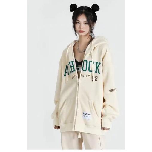 Áo khoác Zip dây kéo thêu chữ ACHOCK màu be