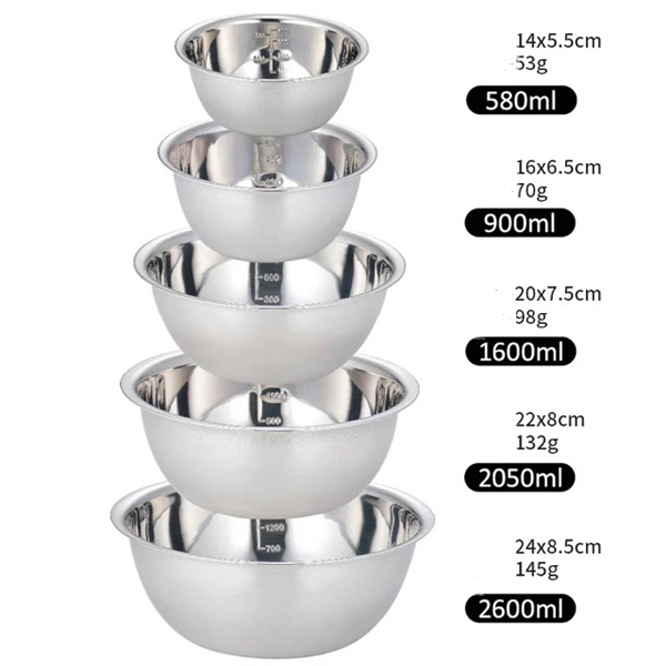 Bộ 5 tô / chậu INOX nhà bếp có vạch chia đựng thực phẩm cỡ từ 14cm đến 24cm