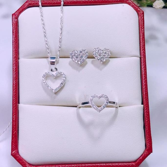 Bộ trang sức nữ bạc mặt tim xinh xắn 3 món dây chuyền- nhẫn- bông tai ms18