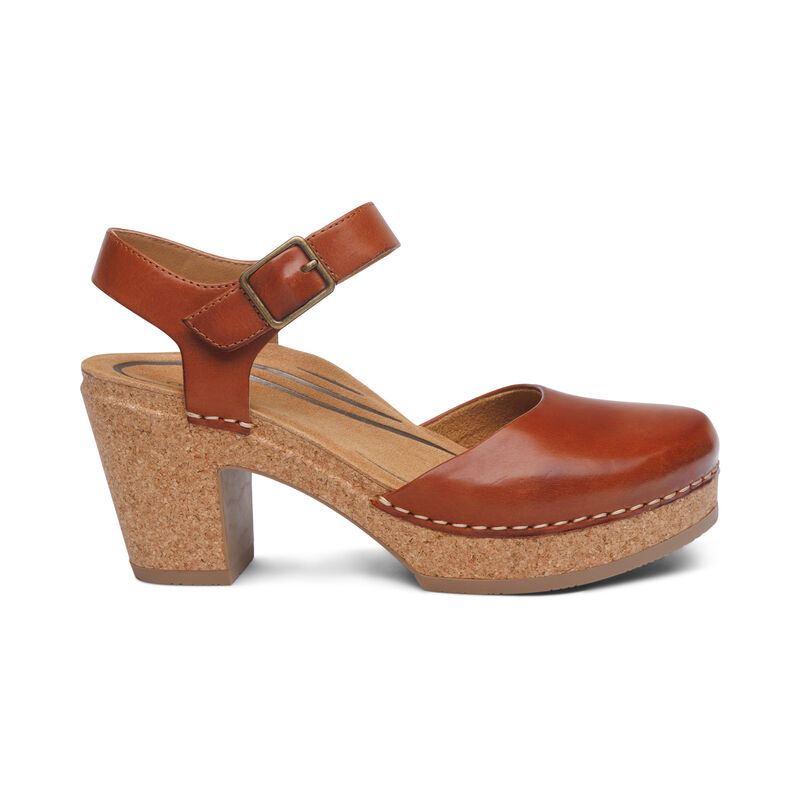 Sandal cao gót sức khỏe nữ Aetrex Finley Cognac - giày cao gót bít mũi đệm da mềm