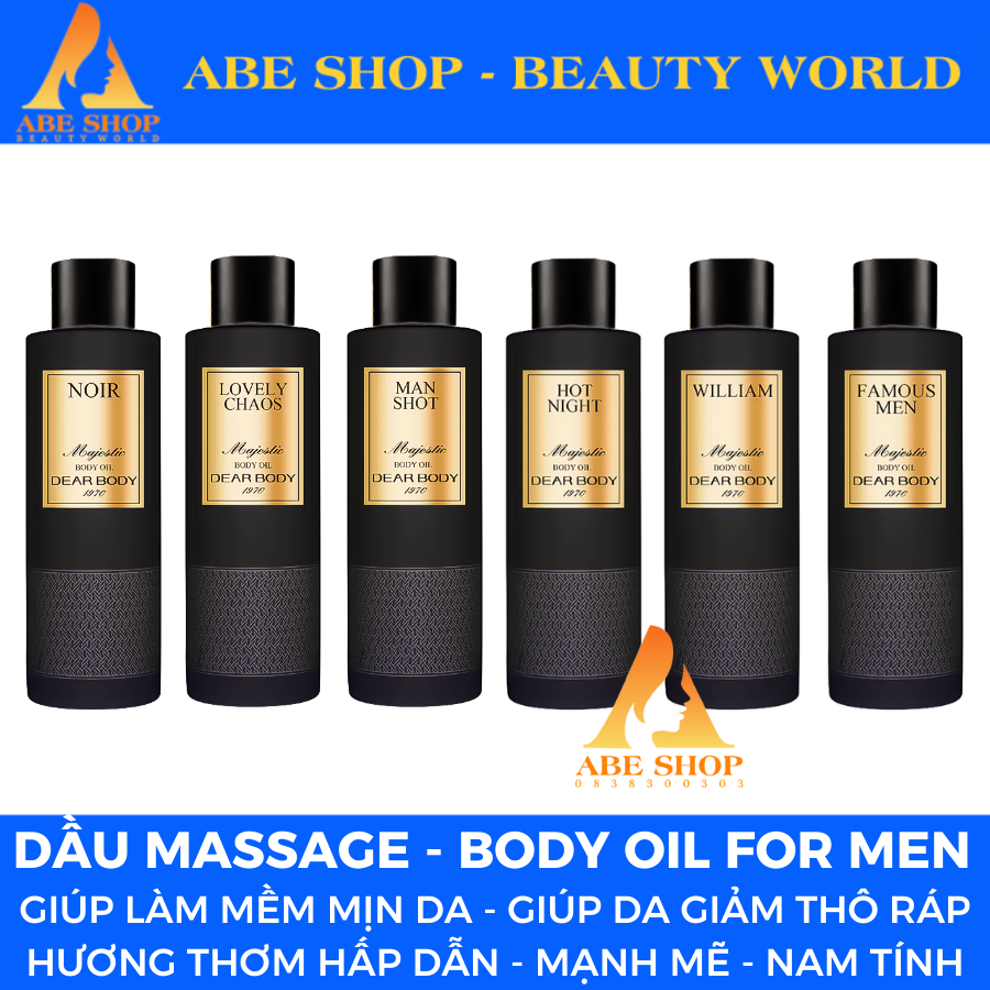 Dầu Dưỡng Thể DEAR BODY Majestic Body Oil Dành Cho Nam 270ml - Massage Toàn Thân - Hương Thơm Mạnh Mẽ - Nam Tính - Thư Giãn