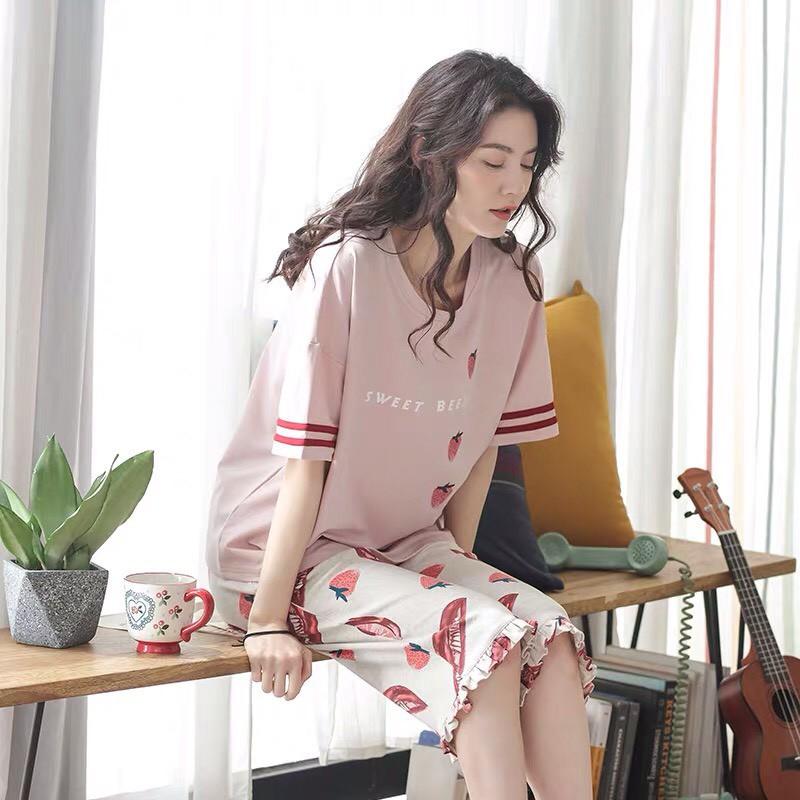 Bộ mặc nhà nữ thun cotton họa tiết strawberry viền bèo
