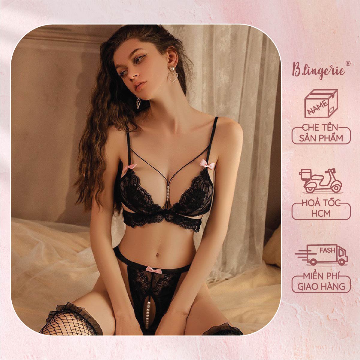 Bộ Đồ Lót Dây Hạt Gợi Cảm (Không kèm tất, áo choàng) - B.Lingerie