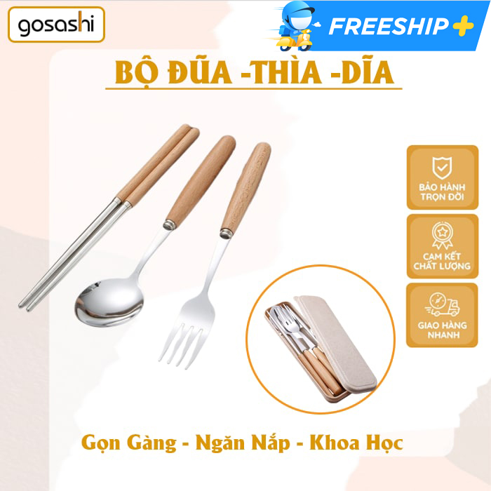 Bộ đĩa thìa, dao, dĩa cán gỗ kèm hộp chính hãng Gosashi Set3DuaThiaDia - thiết kế hiện đại