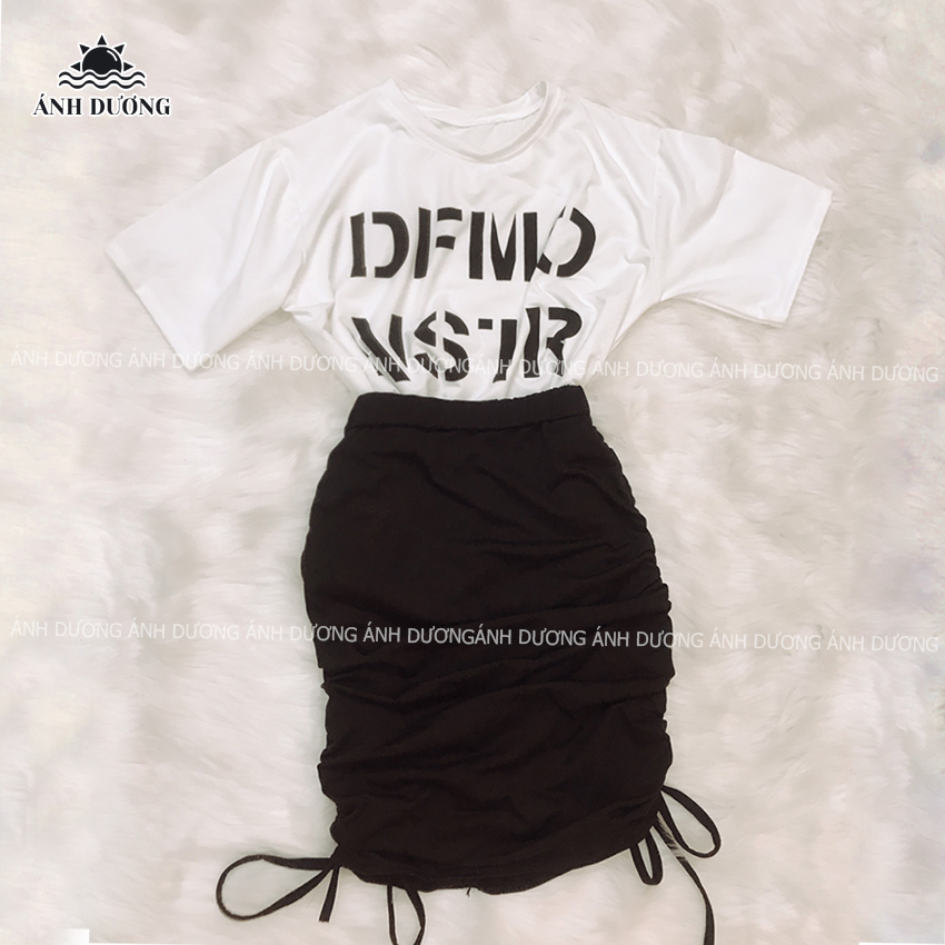 Set áo thun tay lỡ in chữ và chân váy rút dây vải thun cotton năng động mùa hè, set áo trắng và chân váy đen